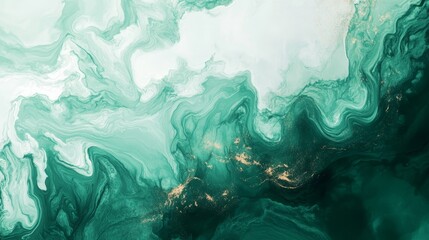 Swirling Emerald Waves Ebb and Flow Under a Soft White Sky With Hints of Gold Illuminating the Dark Depths, Creating a Mesmerizing Landscape of Color and Movement