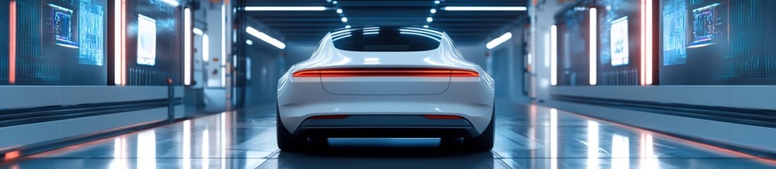 Fototapeta premium 3D rendering, white car on the highway of futuristic high-tech data center