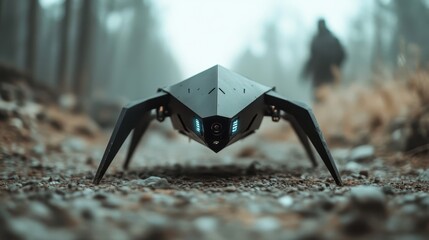 A sleek black stealth drone with angular, spider-like legs traverses a rocky path in a foggy forest landscape. Advanced robotics and design are highlighted.