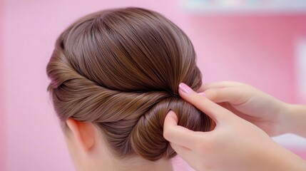 Naklejka premium a hairstylist creating an elegant hairstyle for a client, close-up of hands using tools 