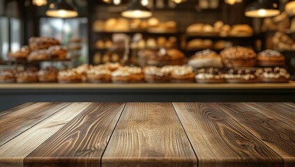 Empty wooden table top with a blurred background of a bakery shop interior, for product display montage