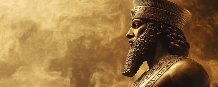 Majestic assyrian king sargon ii statue emerging from golden smoke