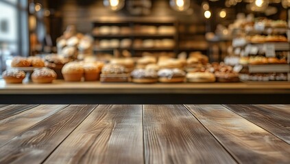 Empty wooden table top with a blurred background of a bakery shop interior, for product display montage