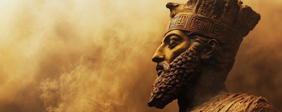 Majestic statue of darius the great emerging from golden smoke
