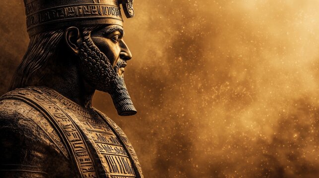 Majestic statue of sargon of akkad emerging from golden dust