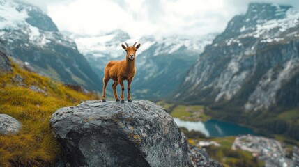 Obraz premium Alpine goat on a rock overlooking a valley with snow-capped mountains.