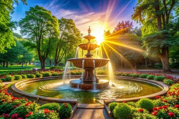 Serene Park Fountain Landscape Photography: Majestic Water Feature, Tranquil Garden Scene, Lush Greenery, Sunlit Vista