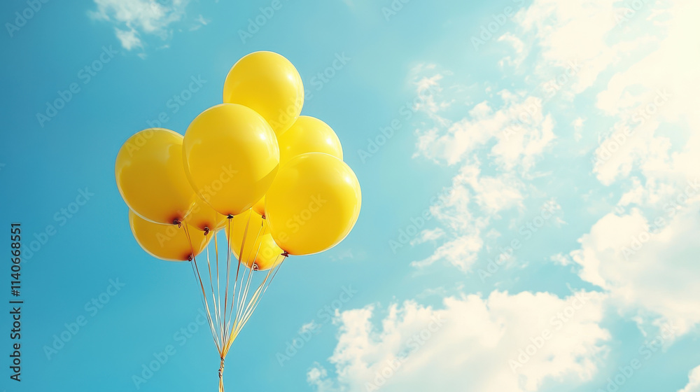 Wall mural Bright yellow balloons floating against a clear blue sky with fluffy white clouds, conveying joy and celebration in a cheerful atmosphere