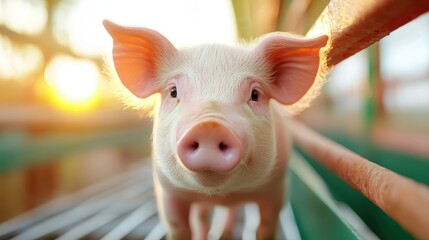 A delightful piglet stands on a sunlit platform within a barn corridor, surrounded by warm natural light, symbolizing growth, hope, and rural simplicity.