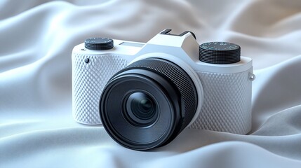 White digital camera on soft fabric background.