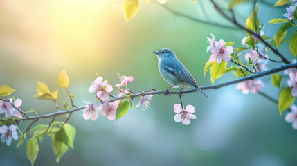 Fototapeta premium A Serene Bird Perched on Cherry Blossom Branches Under Soft Morning Light with Gentle Bokeh Effect in a Beautiful Natural Environment