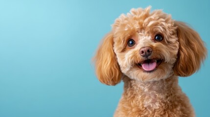 An adorable brown puppy with fluffy ears and expressive eyes, radiating innocence and warmth, set against a dreamy blue backdrop, inspiring affection and care.