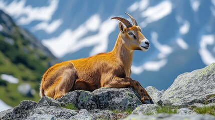 Obraz premium Alpine ibex resting on a rocky mountain summit.