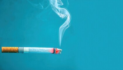 Burning Cigarette with Rising Smoke in Sharp Focus on Vibrant Blue Background, Capturing Tobacco Consumption, Addiction Concept, Health Hazard, and Artistic Representation of Smoking Dangers