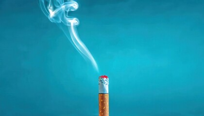 Burning Cigarette with Rising Smoke in Sharp Focus on Vibrant Blue Background, Capturing Tobacco Consumption, Addiction Concept, Health Hazard, and Artistic Representation of Smoking Dangers