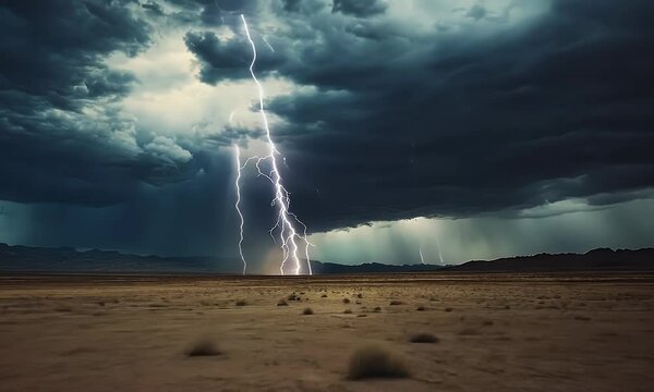 A dramatic lightning strike illuminates a dark, stormy sky over a barren landscape.