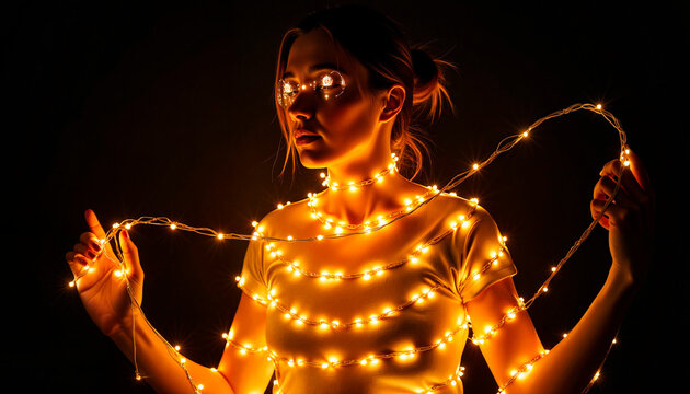 Woman wrapped in glowing fairy lights in dark room
