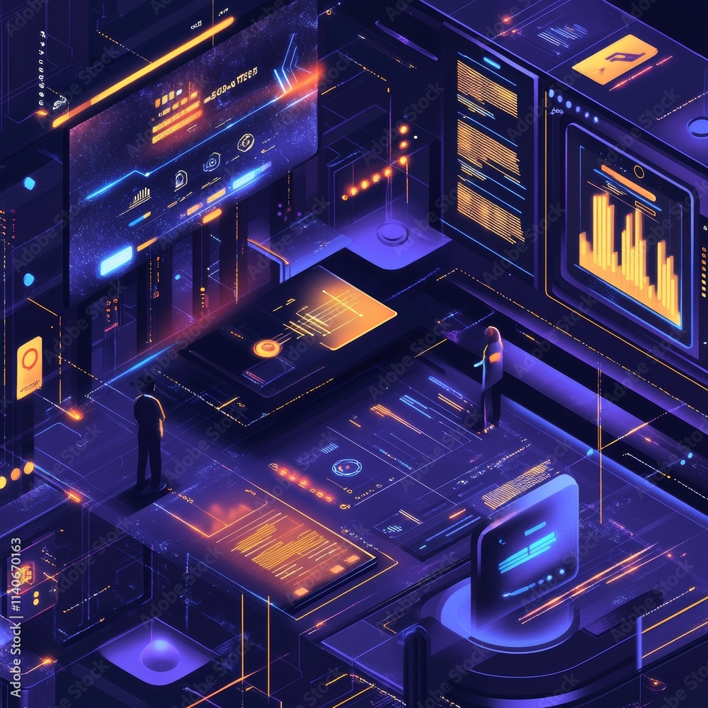 Aufkleber exploring a futuristic digital landscape filled with interactive screens and data visualizations in 