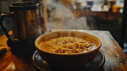 Delicious Steaming Noodle Bowl on Wooden Table in Cozy Eatery