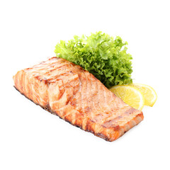 Delicious grilled salmon fillet with lemon and lettuce isolated on white