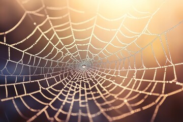 Sparkling morning dew on spiderweb, delicate droplets in sunlight, nature macro, Generative AI