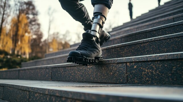 Adaptive athlete conquers stairs city park inspirational photography urban environment close-up resilience and innovation