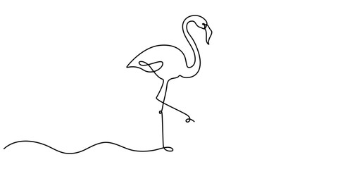 Flamingo bird in continuous one line art drawing. Vector illustration isolated. Minimalist design handdrawn, Continuous line drawing of flamingo bird. One line of flamingo bird. Exsotic bird concept. © line draw