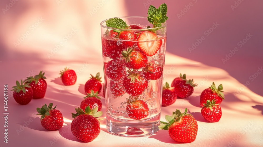 Poster Refreshing Strawberry Drink with Bubbles and Fresh Mint Garnish