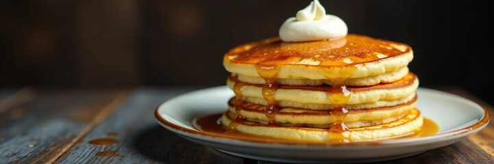 Stack of pancakes with a dollop of sour cream on top and a side of syrup and butter, stack, pancakes