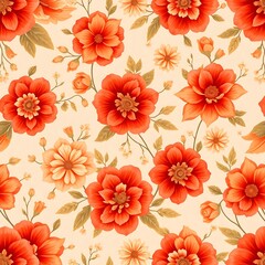 Autumn Floral Pattern: A vibrant and intricate pattern featuring a cascade of orange and cream flowers, leaves, and buds. The intricate details create a warm and inviting feel.
