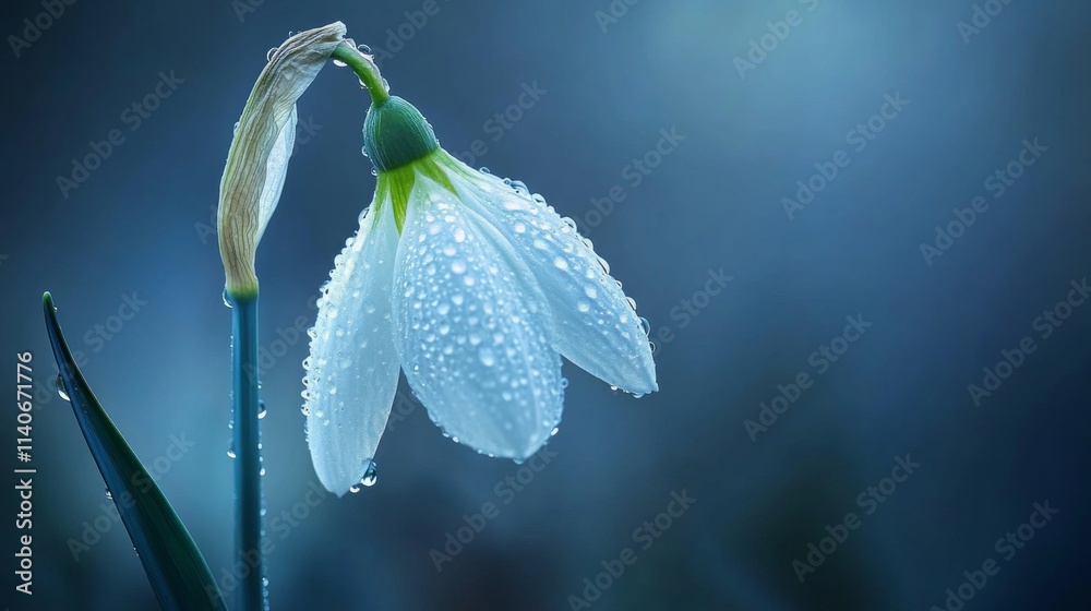 Poster delicate snowdrop flower with dew drops on petals in soft light