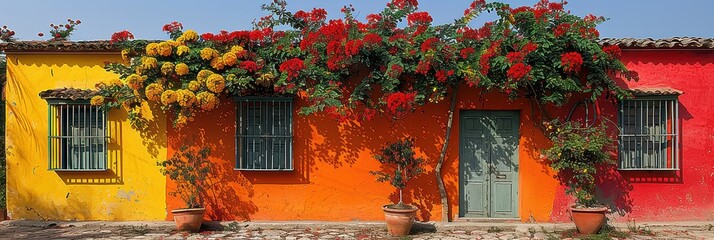 Vibrant facade of a colorful building adorned with lush red and yellow flowers showcasing a blend of nature and architecture in a warm sunny setting