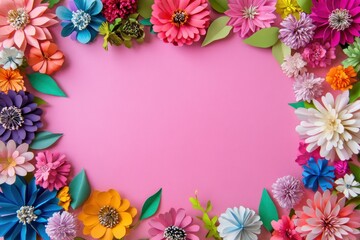 Obraz premium Colorful Paper Flower Arrangement on Pink Background