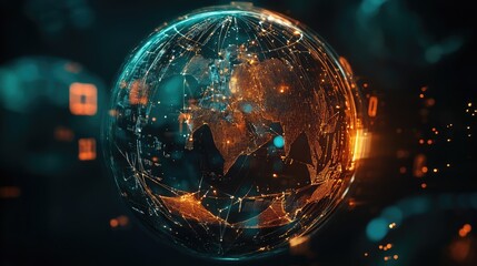 Obraz premium A globe made entirely of holographic light, surrounded by abstract data symbols, representing world trade connections, modern, clean, tech