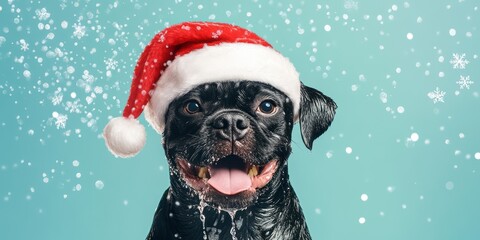A dog taking a bath with santa hat