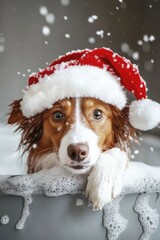 Bath time fun with a dog in santa hat