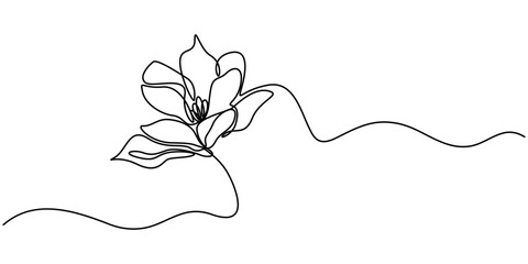 Flower drawing mono line. Continuous line icon on white background, Magnolia flowers in one line art style. Continuous drawing can used for icon, wall art prints, posters, magazine, postcard, emblem.