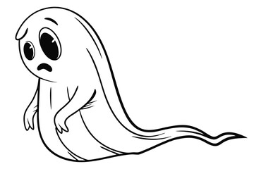 A simple black and white cartoon-style ghost. The character has a smooth, rounded head that tapers seamlessly into a flowing, tail-like lower body instead of legs. Its form is somewhat like a teardrop