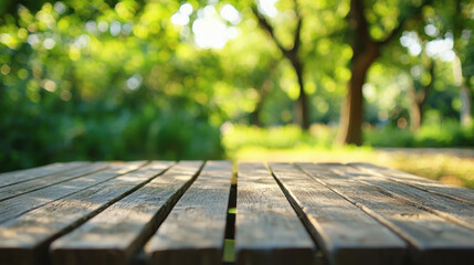 Fototapeta premium Beautiful Sunlit Wooden Table in a Green Park Surrounded by Lush Trees and Nature for Tranquil Outdoor Relaxation and Gathering