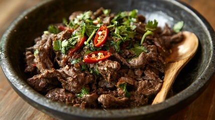 Spicy Beef Stir Fry with Chili Peppers and Fresh Herbs Garnish