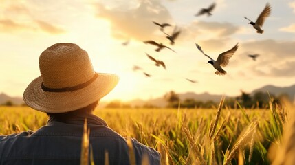 Serene Farmer Watching Birds Fly Over a Golden Wheat Field at Sunset