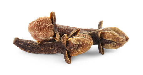 Dry clove buds on white background. Aromatic spice