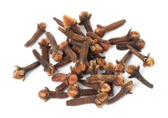 Pile of dry clove buds on white background. Aromatic spice