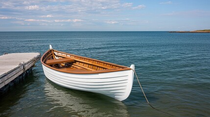 Naklejka premium Path of beginning and start exploration, A serene wooden boat docked at the water