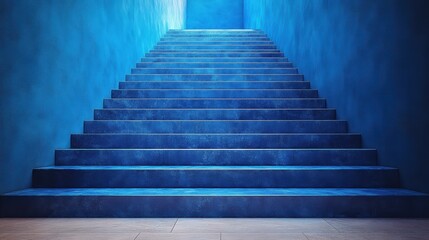 Fototapeta premium Dramatic Blue Staircase Leading Upwards into Bright Light with Vibrant Blue Walls and Futuristic Minimalist Architectural Design