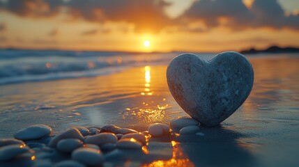 Fototapeta premium A heart-shaped stone lying in the sand on a beach at sunset.