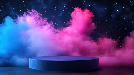 Blank round podium for product presentation with abstract colorful smoke background