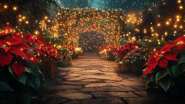 A tranquil holiday evening, soft golden lights glowing around a rustic garden, vibrant poinsettias and lush greenery framing the space, fairy lights twinkling gently on garlands,