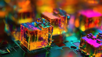 A sharp magnification of a microchip under a microscope, with its fine components illuminated in vibrant neon tones