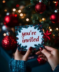 Christmas Invitation Card you're invited mockup with Christmas decorations background template